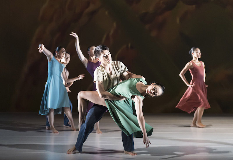 A male dancer supports his partner by the small of her back as she wraps her legs around his hips and extend her upper body back
